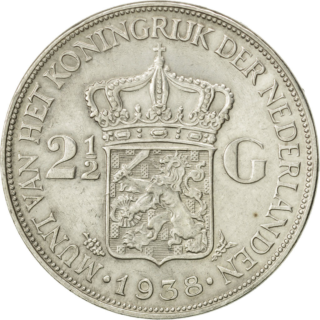 Netherlands, Wilhelmina I, 2-1/2 Gulden, 1938, AU(50-53), Silver, KM:165