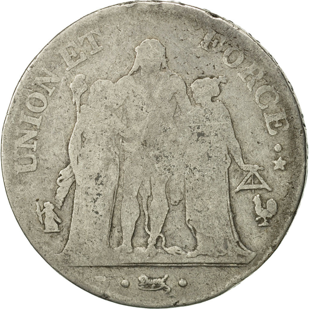 France, Union et Force, 5 Francs, 1797, Paris, F(12-15), Silver, KM:639.1
