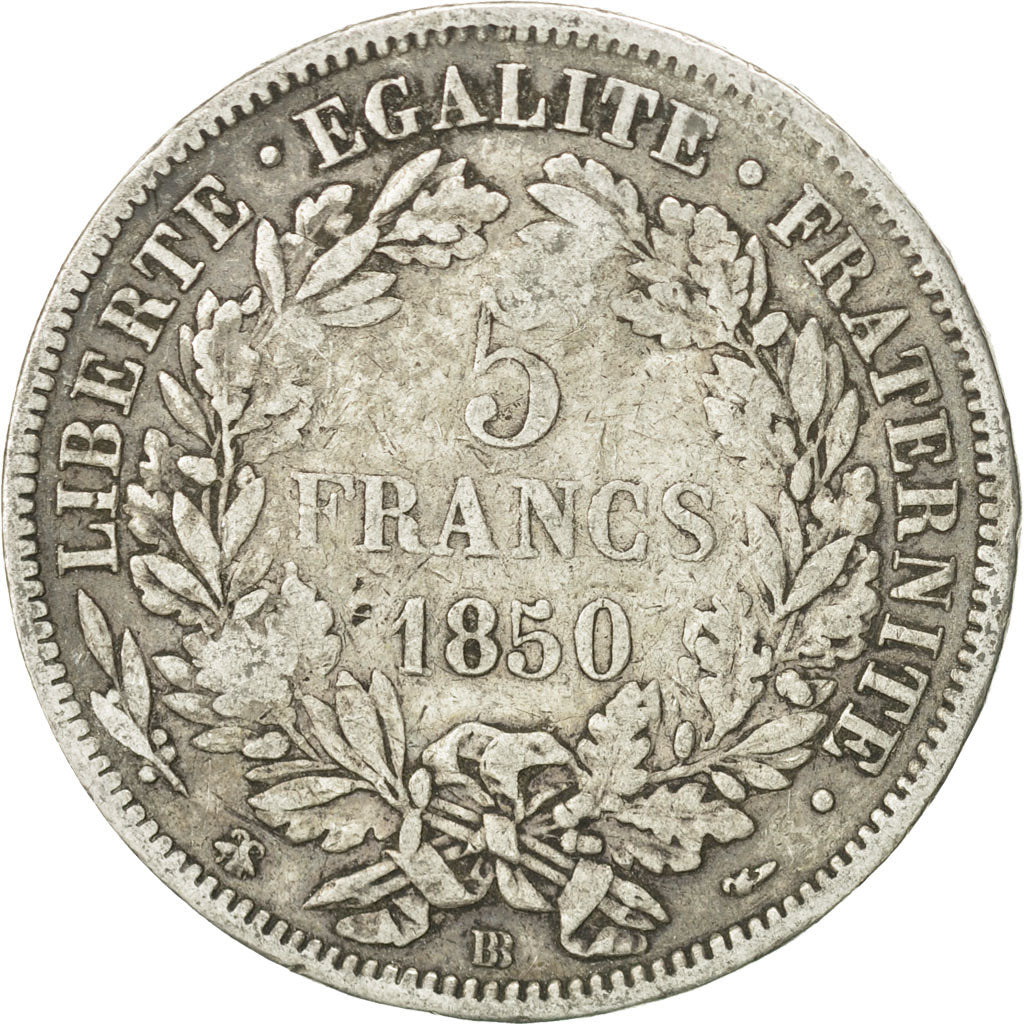 Coin, France, Cérès, 5 Francs, 1850, Strasbourg, VF(20-25), Silver, KM:761.2