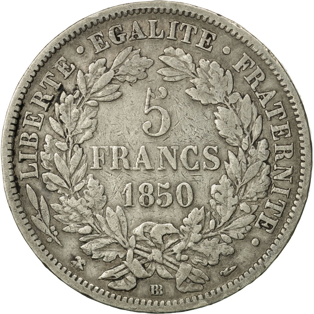 Coin, France, Cérès, 5 Francs, 1850, Strasbourg, VF(30-35), Silver, KM:761.2