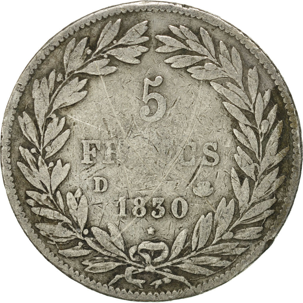 Moneda, Francia, Louis-Philippe, 5 Francs, 1830, Lyon, BC, Plata, KM:735.4