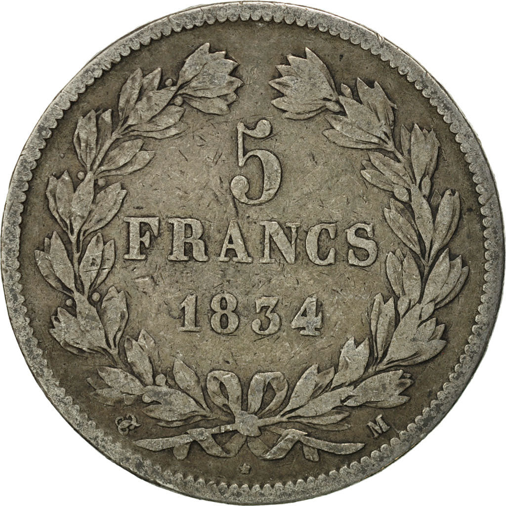 Coin, France, Louis-Philippe, 5 Francs, 1834, Toulouse, F(12-15), Silver