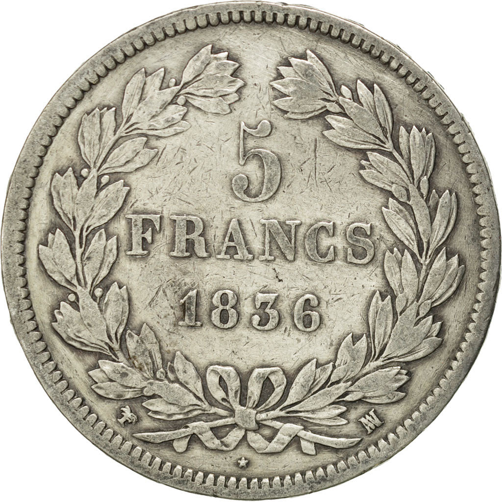 France, Louis-Philippe, 5 Francs, 1836, Marseille, VF(30-35), Silver, KM:749.10