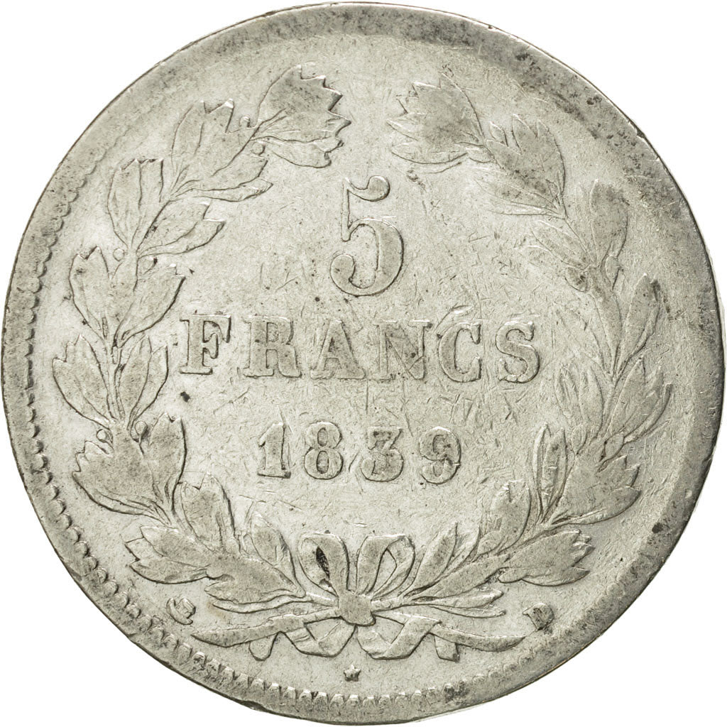 Moneda, Francia, Louis-Philippe, 5 Francs, 1839, Lyon, BC+, Plata, KM:749.4