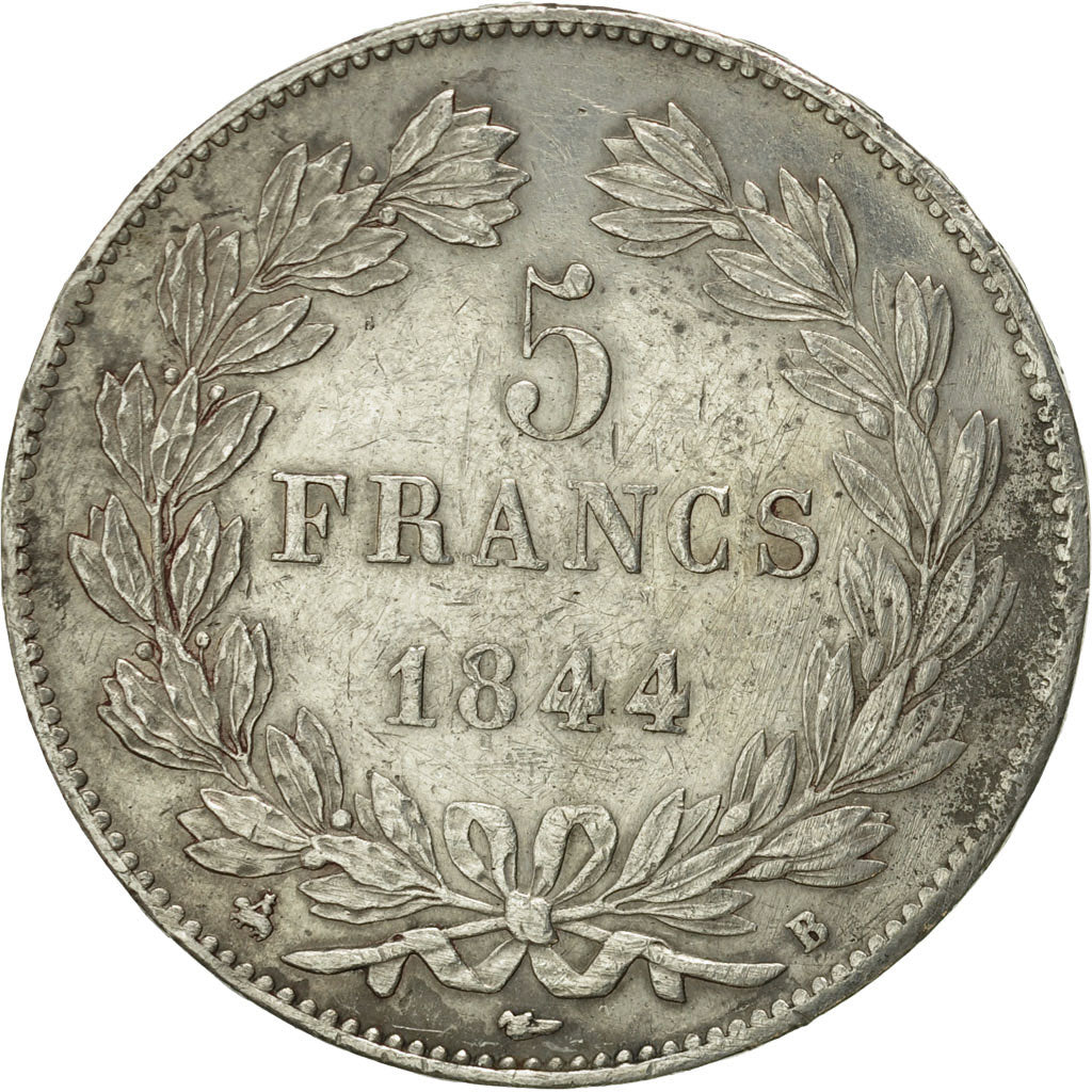 Moneta, Francia, Louis-Philippe, 5 Francs, 1844, Rouen, BB, Argento, KM:749.2