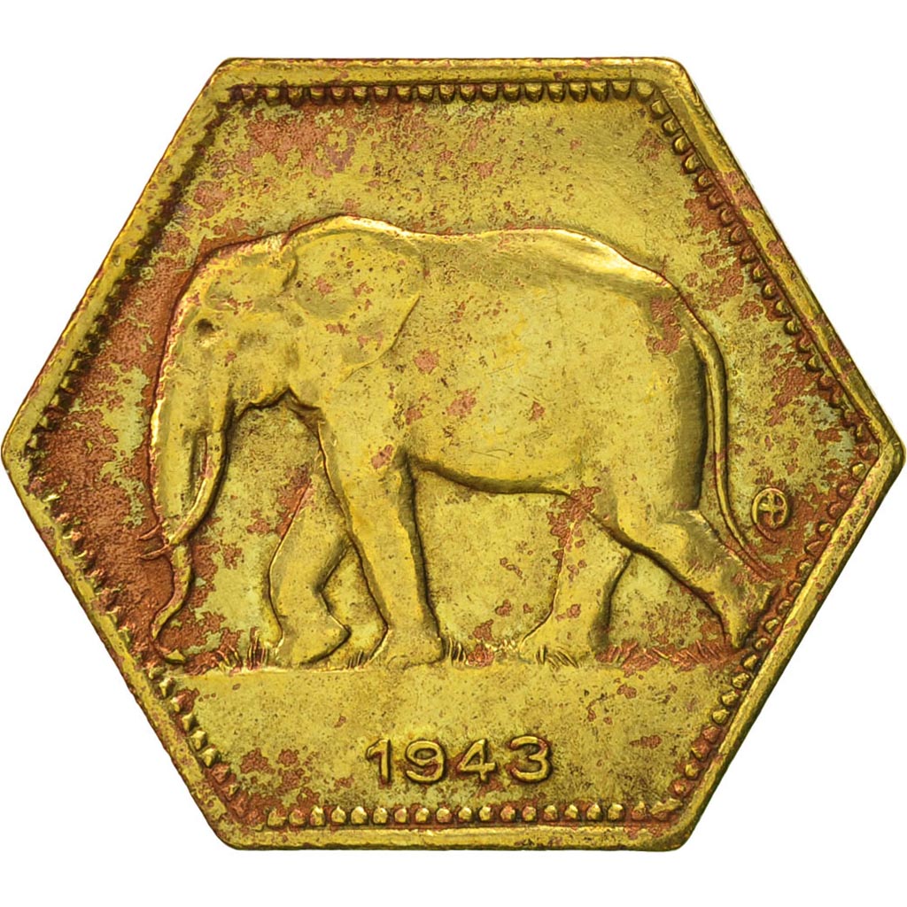 Belgian Congo, 2 Francs, 1943, Philadelphia, EF(40-45), Brass, KM:25