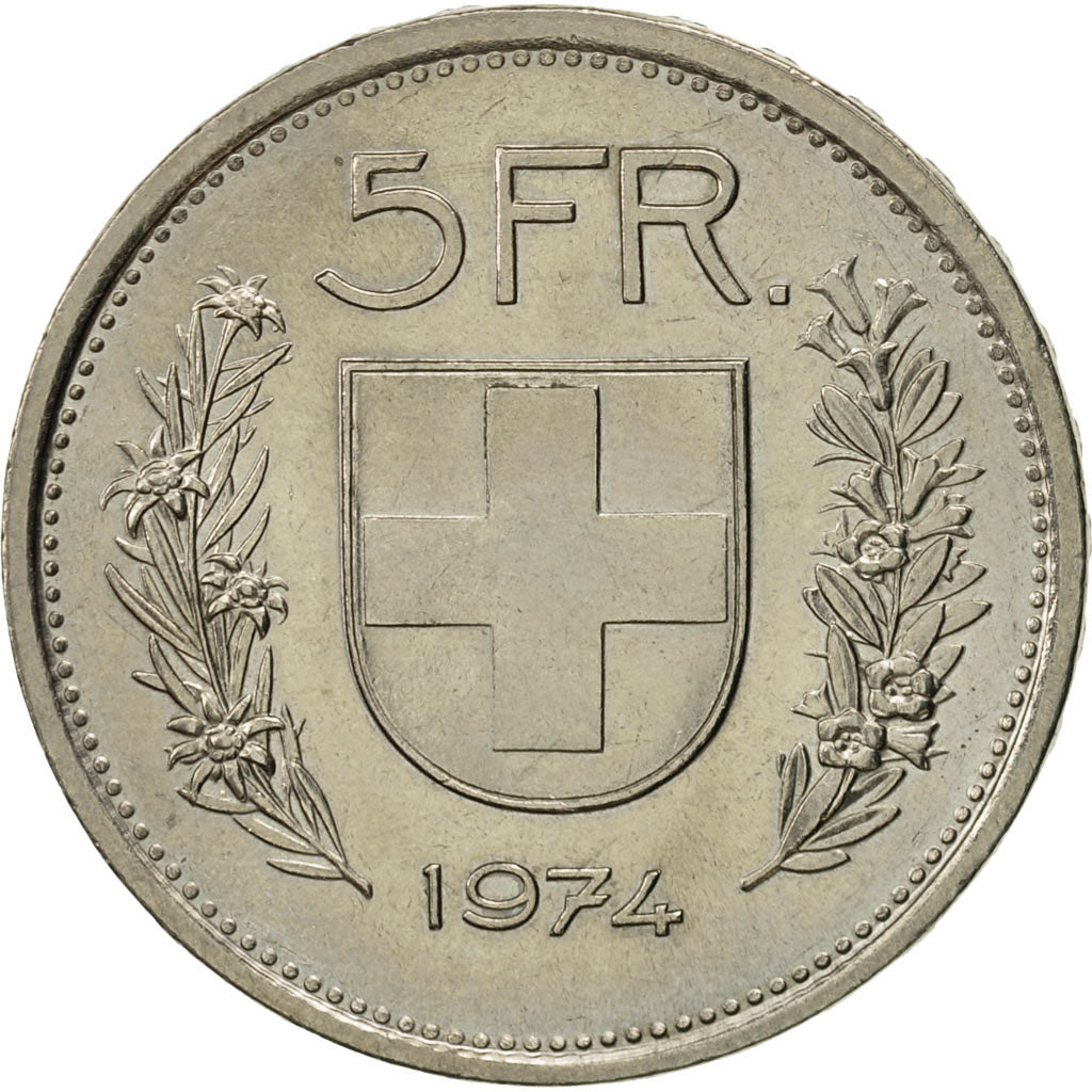 Switzerland, 5 Francs, 1974, Bern, AU(55-58), Copper-nickel, KM:40a.1