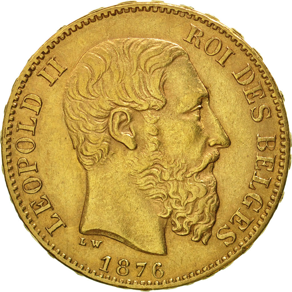 Moneda, Bélgica, Leopold II, 20 Francs, 20 Frank, 1876, MBC+, Oro, KM:37