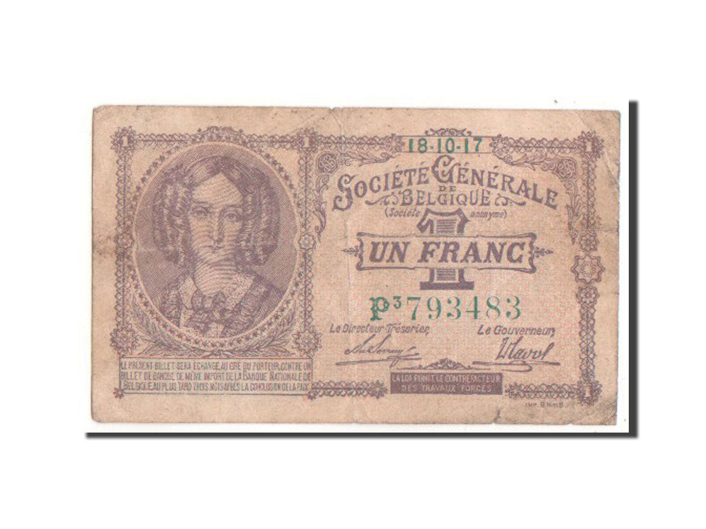 Belgium, 1 Franc, 1917, KM #86b, VF(20-25), P