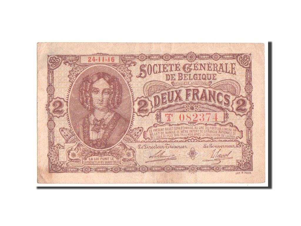 Banconote, Belgio, 2 Francs, 1916, BB