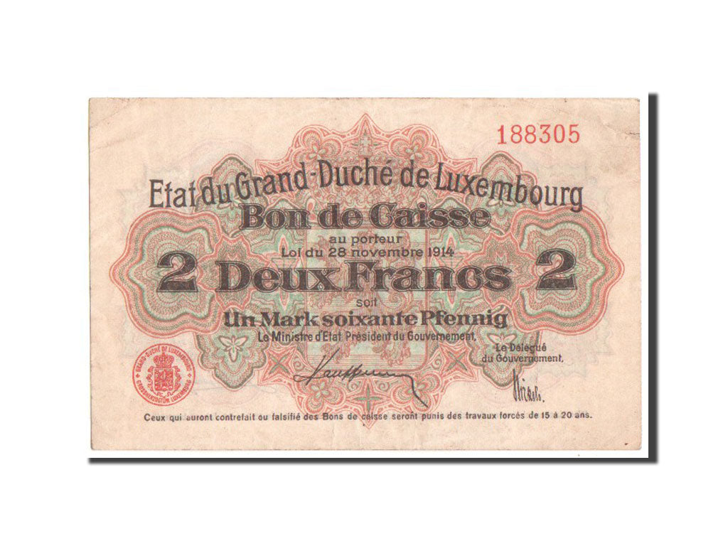 Luxembourg, 2 Francs, 1914, KM #28, EF(40-45)