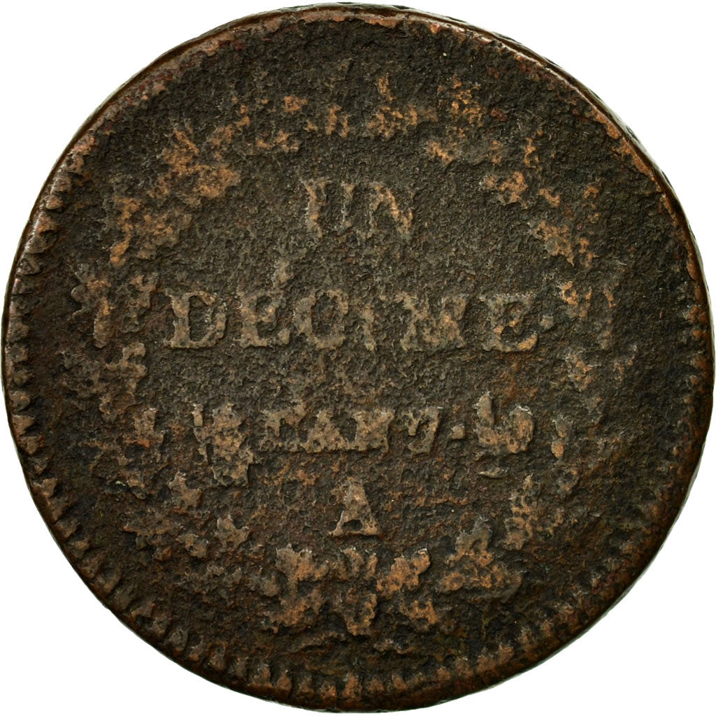 Moneta, Francia, Dupré, Decime, 1798, Paris, MB, Bronzo, KM:644.1, Gadoury:187