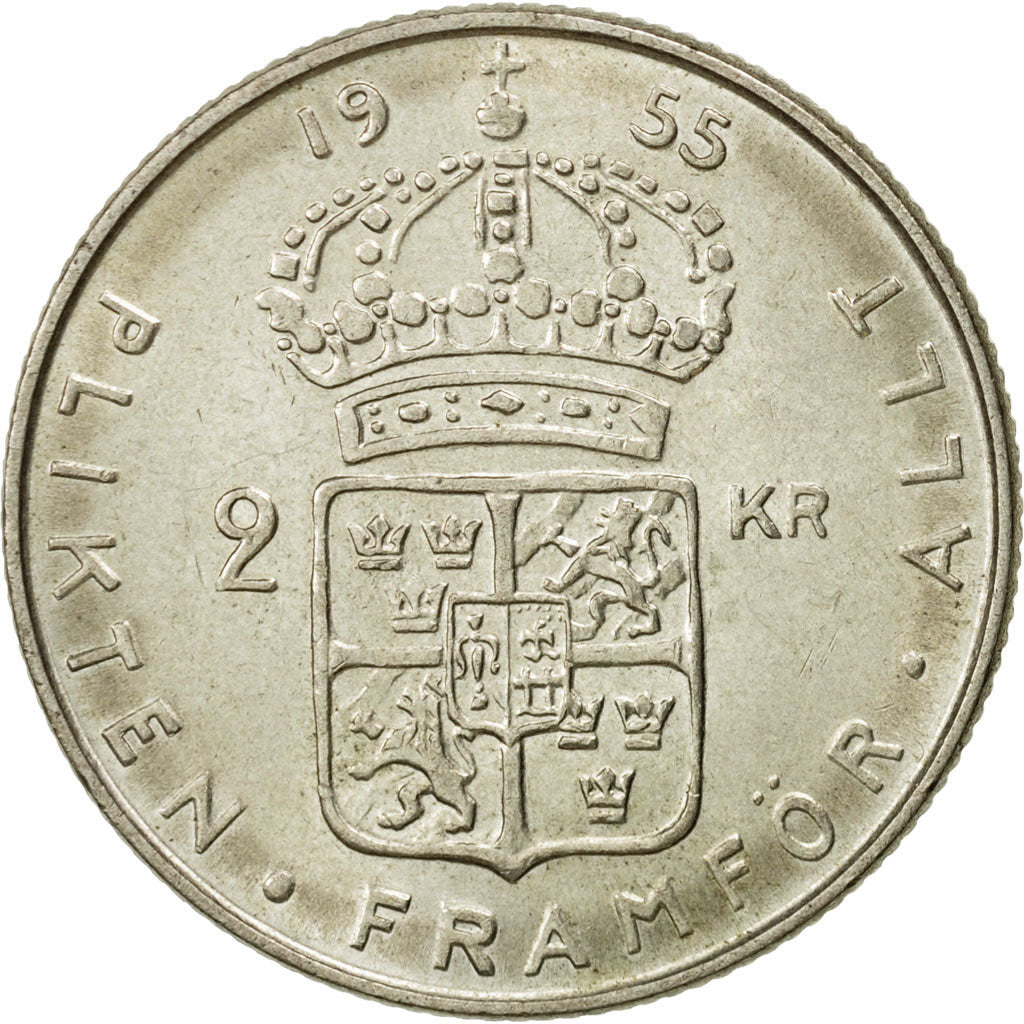 Coin, Sweden, Gustaf VI, 2 Kronor, 1955, MS(60-62), Silver, KM:827