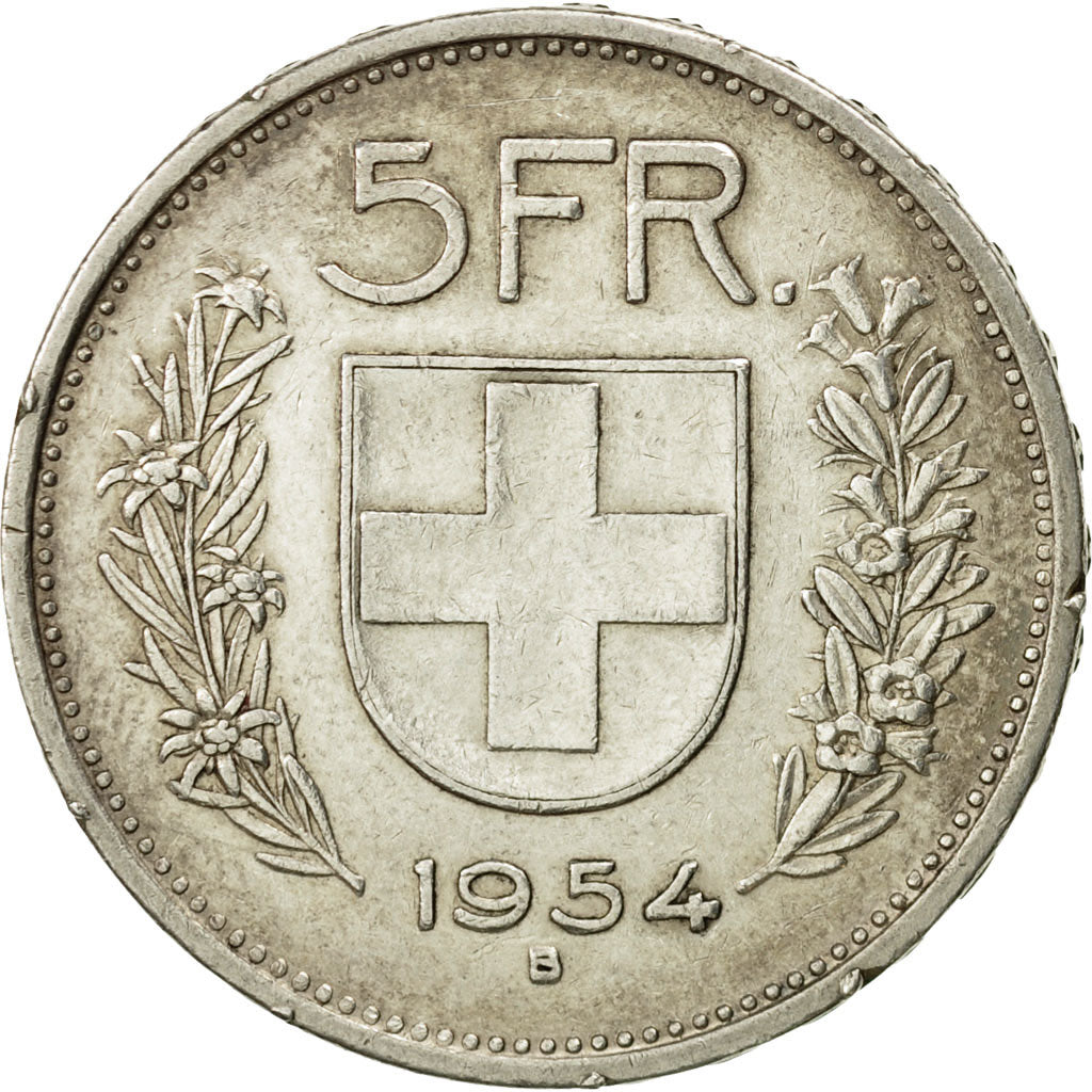 Coin, Switzerland, 5 Francs, 1954, Bern, EF(40-45), Silver, KM:40