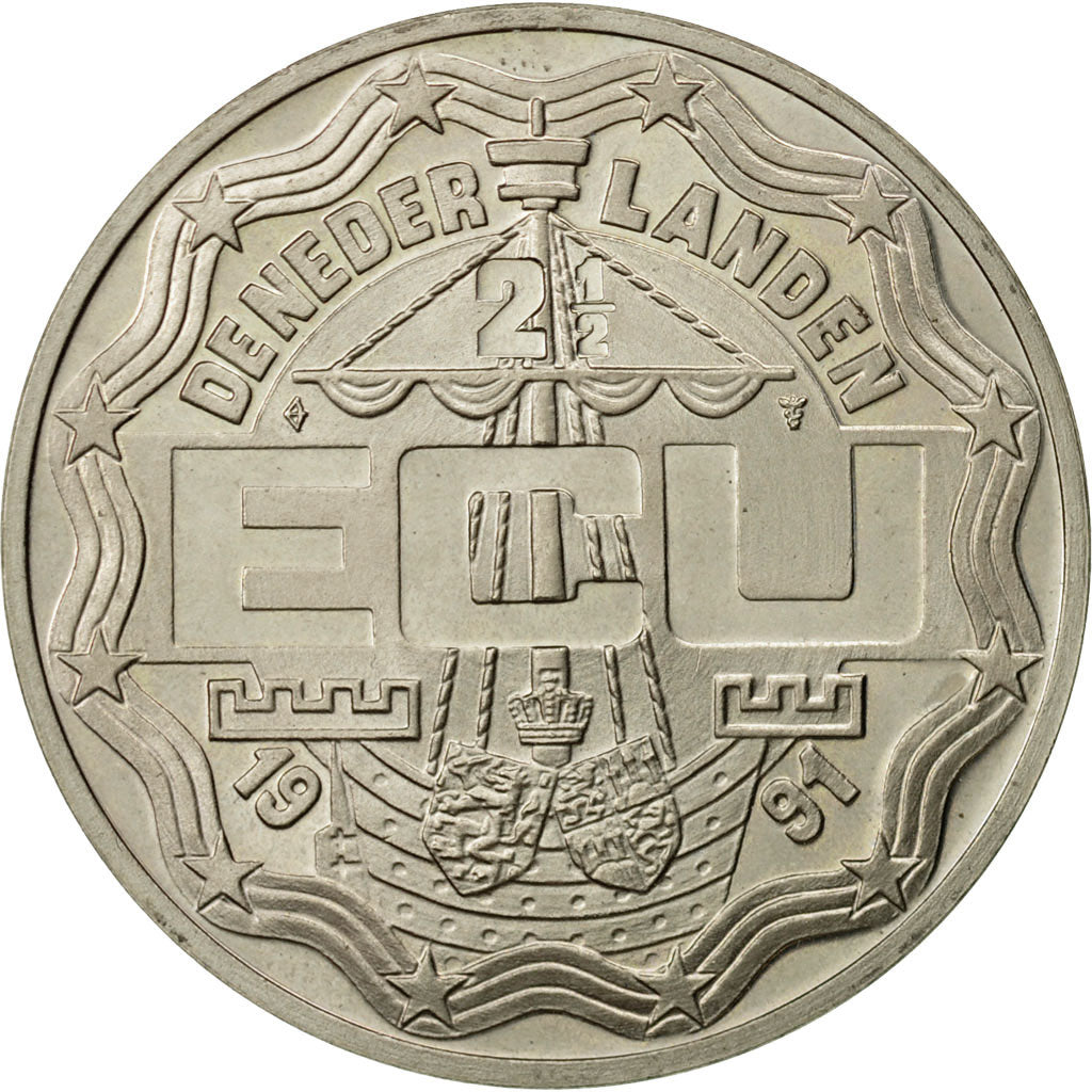 Coin, Netherlands, Beatrix, 2-1/2 ECU, 1991, Utrecht, AU(55-58), Copper-nickel