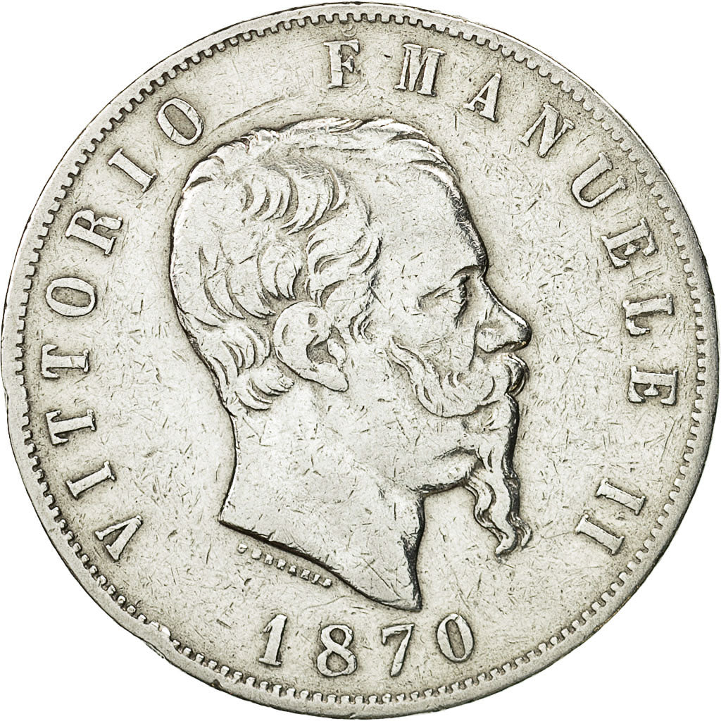 Italy, Vittorio Emanuele II, 5 Lire, 1870, Milan, VF(30-35), Silver, KM:8.3
