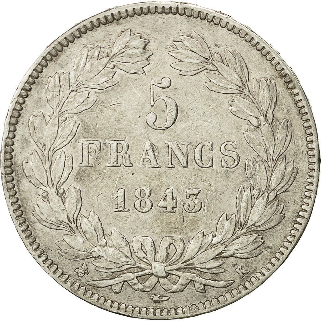 Munten, Frankrijk, Louis-Philippe, 5 Francs, 1843, Bordeaux, ZF, Zilver