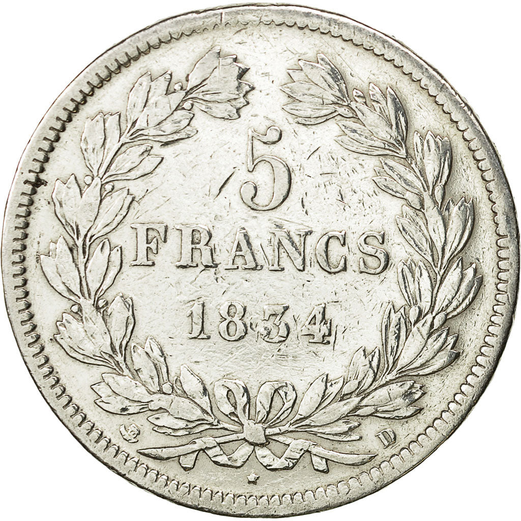 Coin, France, Louis-Philippe, 5 Francs, 1834, Lyons, VF(30-35), Silver