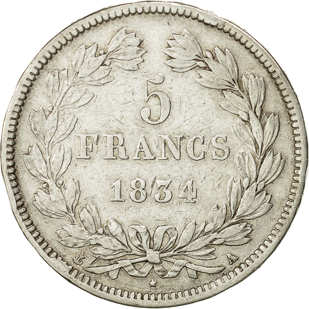 Coin, France, Louis-Philippe, 5 Francs, 1834, Paris, VF(20-25), Silver