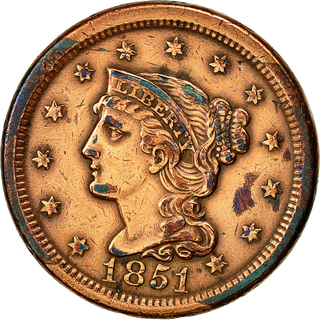 Coin, United States, Braided Hair Cent, Cent, 1851, U.S. Mint, Philadelphia