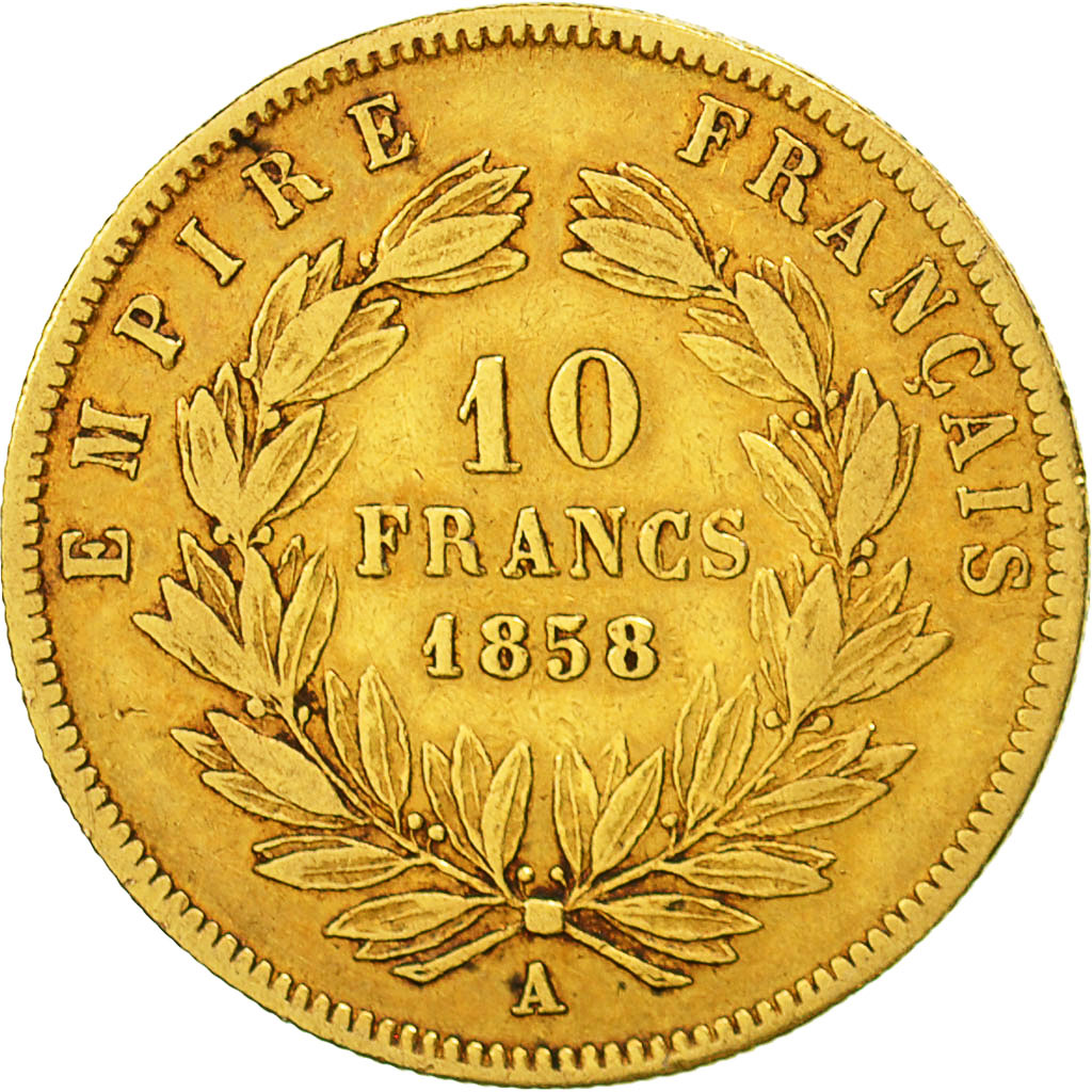 France, Napoleon III, 10 Francs, 1858, Paris, VF(20-25), Gold, KM 784.3