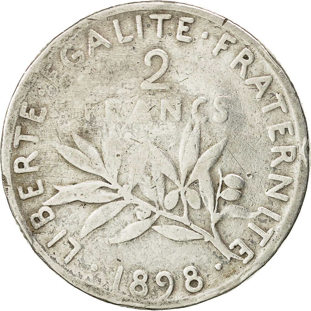 France, Semeuse, 2 Francs, 1898, Paris, F(12-15), Silver, KM:845.1, Gadoury:532