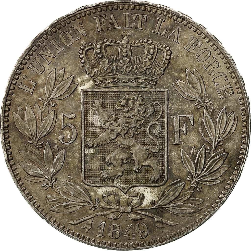 Belgium, Leopold I, 5 Francs, 5 Frank, 1849, AU(55-58), Silver, KM:17