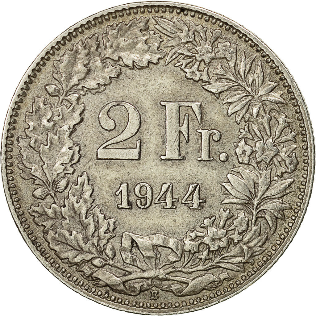Coin, Switzerland, 2 Francs, 1944, Bern, EF(40-45), Silver, KM:21