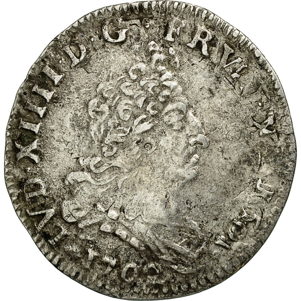 France, Louis XIV, 5 Sols aux insignes,1/16 ECU,1702,Rouen,VF(30-35), KM 337.3