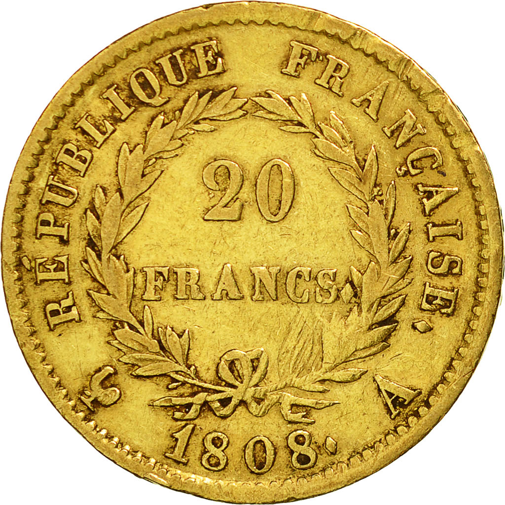 Moneta, Francia, Napoléon I, 20 Francs, 1808, Paris, BB, Oro, KM:687.1