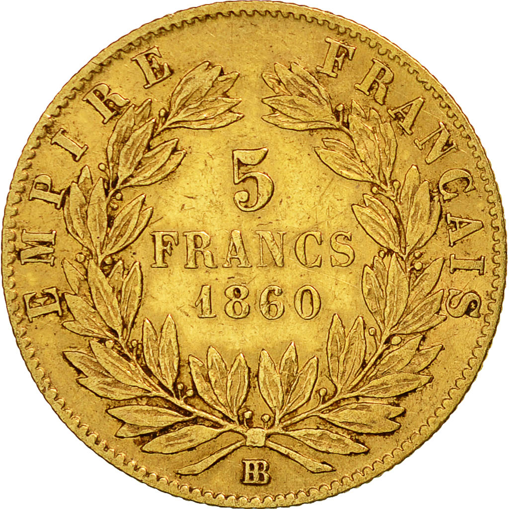 France, Napoleon III, 5 Francs, 1860, Strasbourg, VF(30-35), Gold, KM 787.2