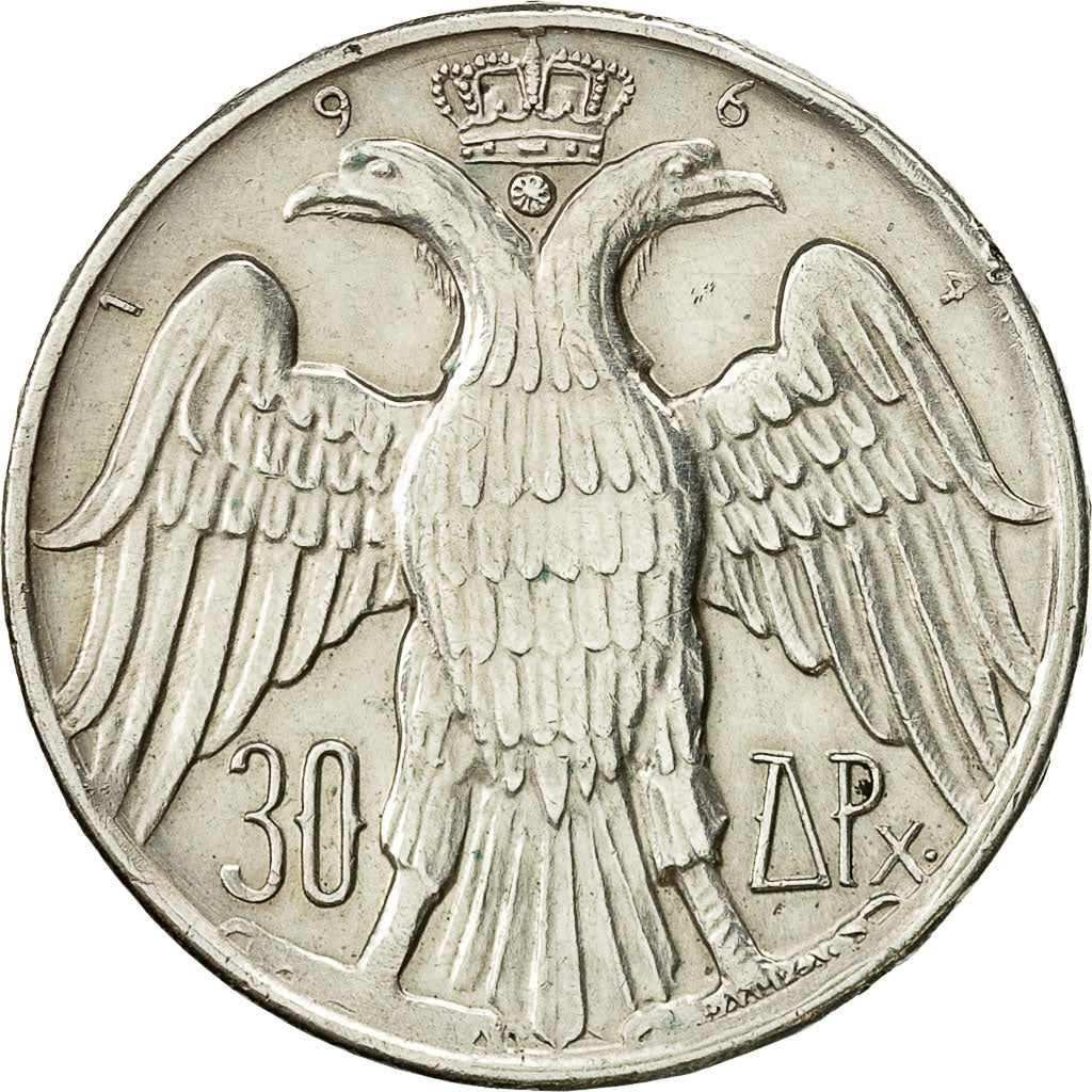 Coin, Greece, Constantine II, 30 Drachmai, 1964, AU(50-53), Silver, KM:87