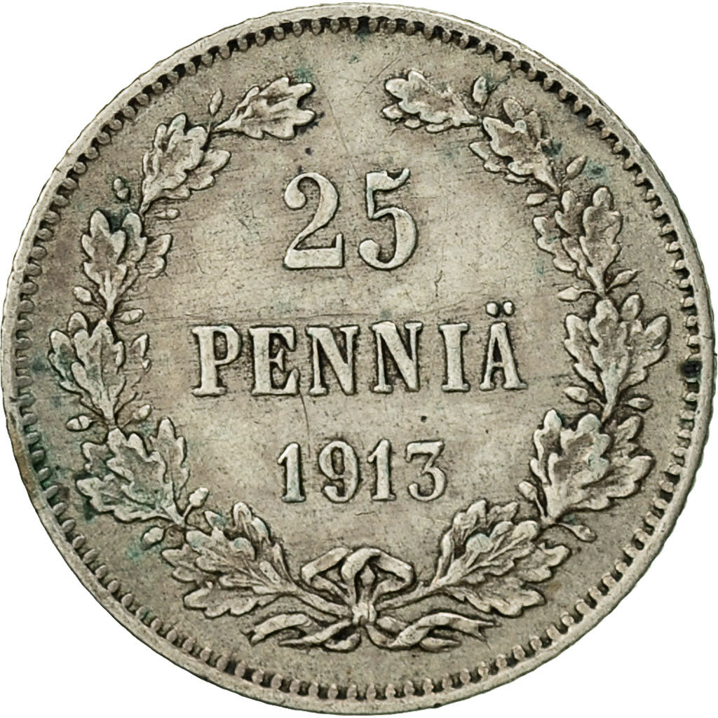 Finland, Nicholas II, 25 Penniä, 1913, AU(50-53), Silver, KM:6.2