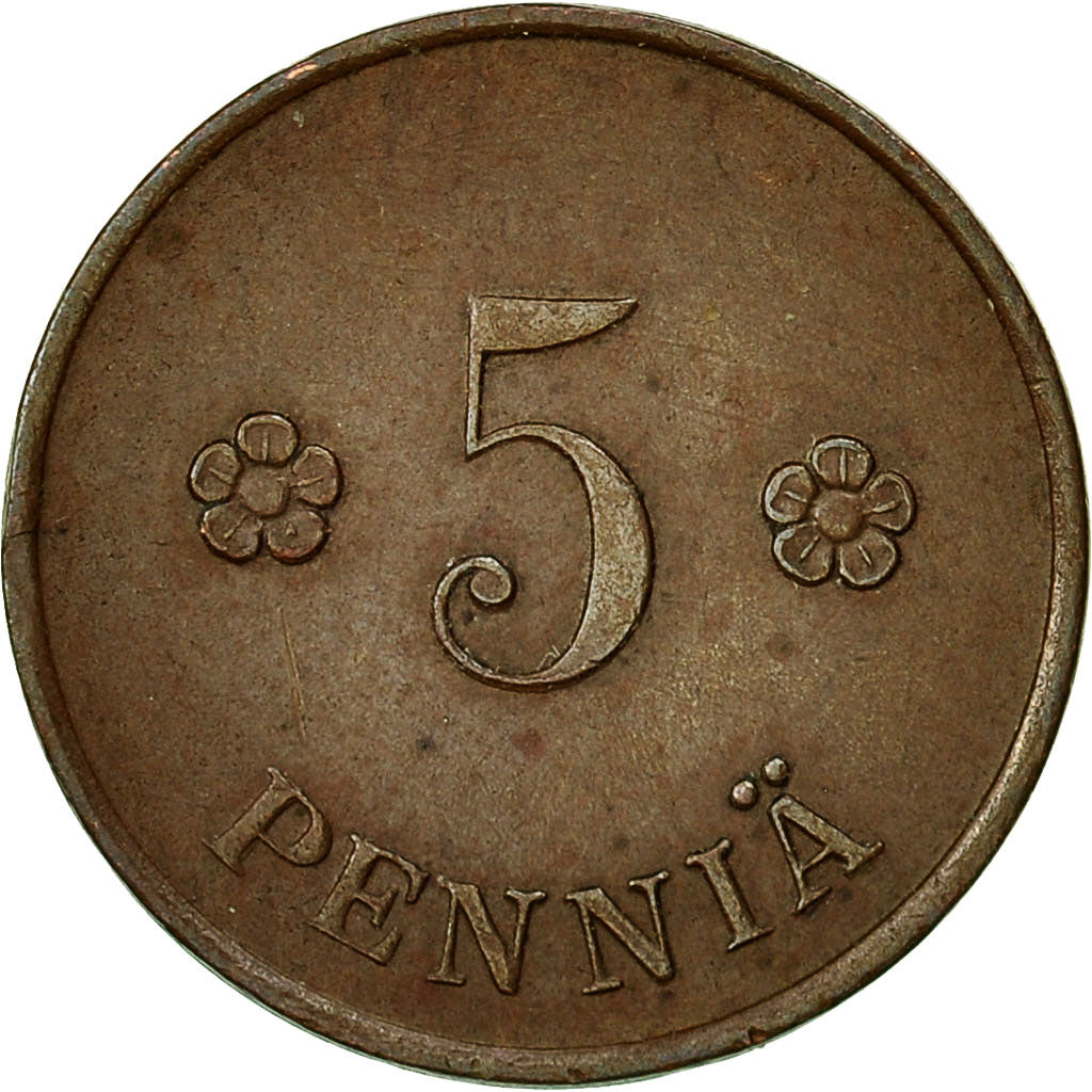 Moneta, Finlandia, 5 Pennia, 1919, BB, Rame, KM:22