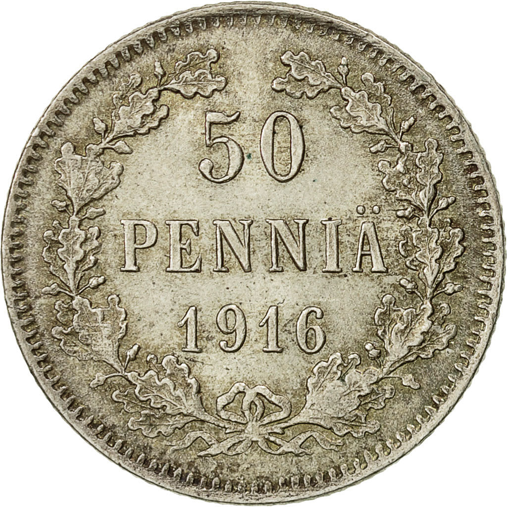 Finland, Nicholas II, 50 Penniä, 1916, AU(50-53), Silver, KM:2.2