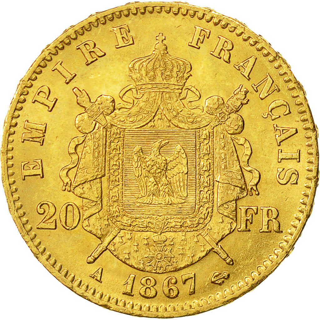 Moneta, Francia, Napoleon III, Napoléon III, 20 Francs, 1867, Paris, BB+, Oro