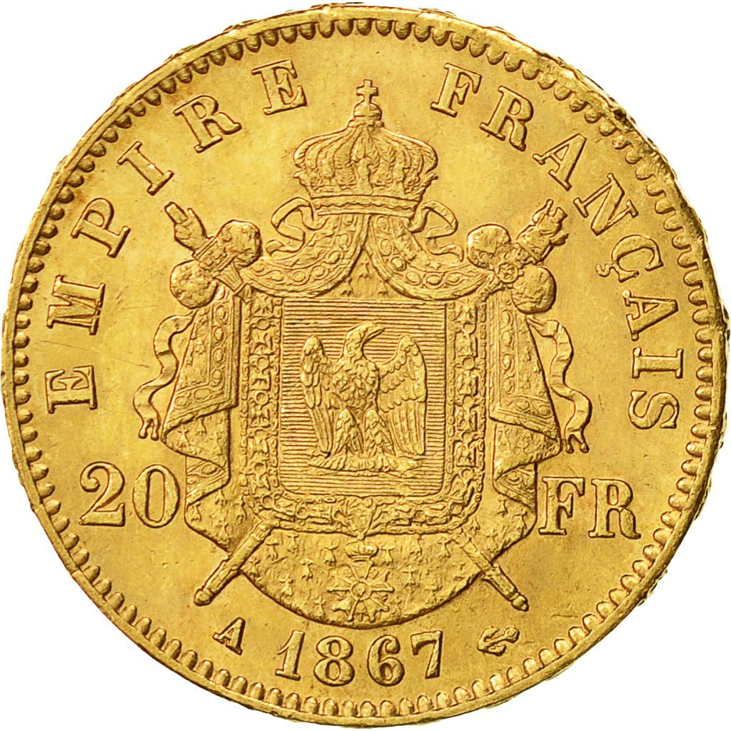 France, Napoleon III, 20 Francs, 1867, Paris, AU(50-53), Gold, KM 801.1