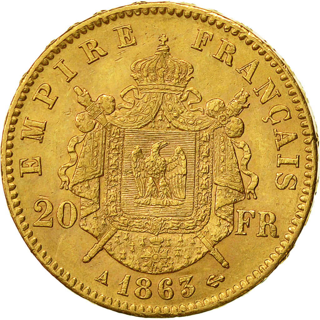 France, Napoleon III, 20 Francs, 1863, Paris, EF(40-45), Gold, KM 801.1