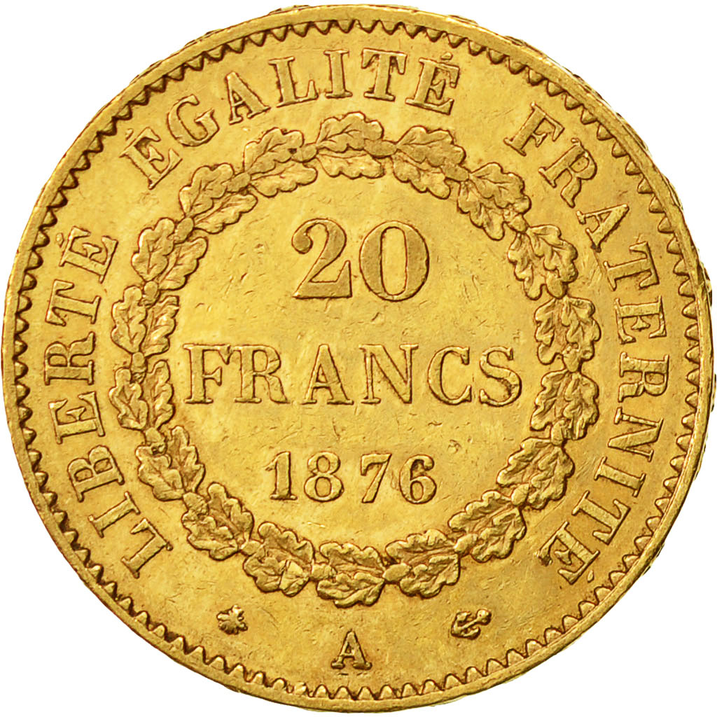 France, Génie, 20 Francs, 1876, Paris, EF(40-45), Gold, KM:825, Gadoury:1063