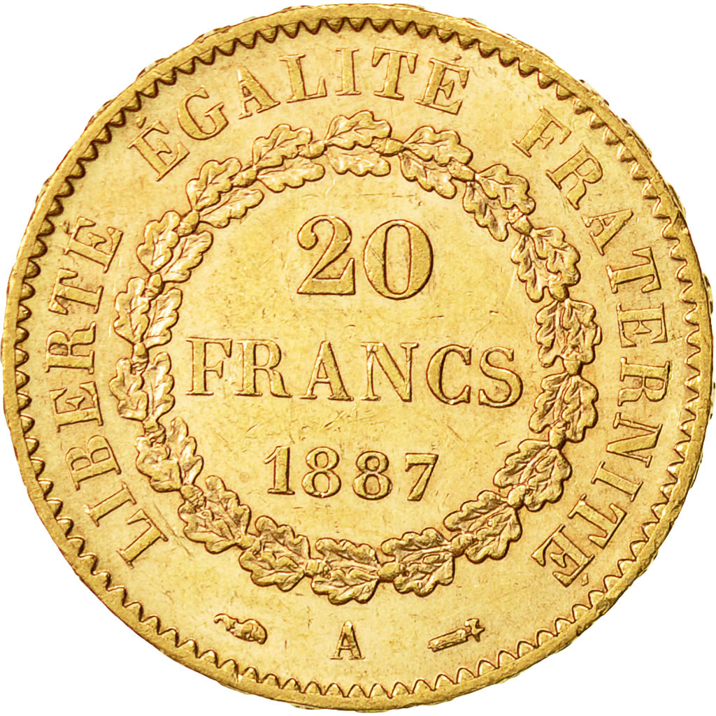 France, Génie, 20 Francs, 1887, Paris, AU(55-58), Gold, KM:825, Gadoury:1063
