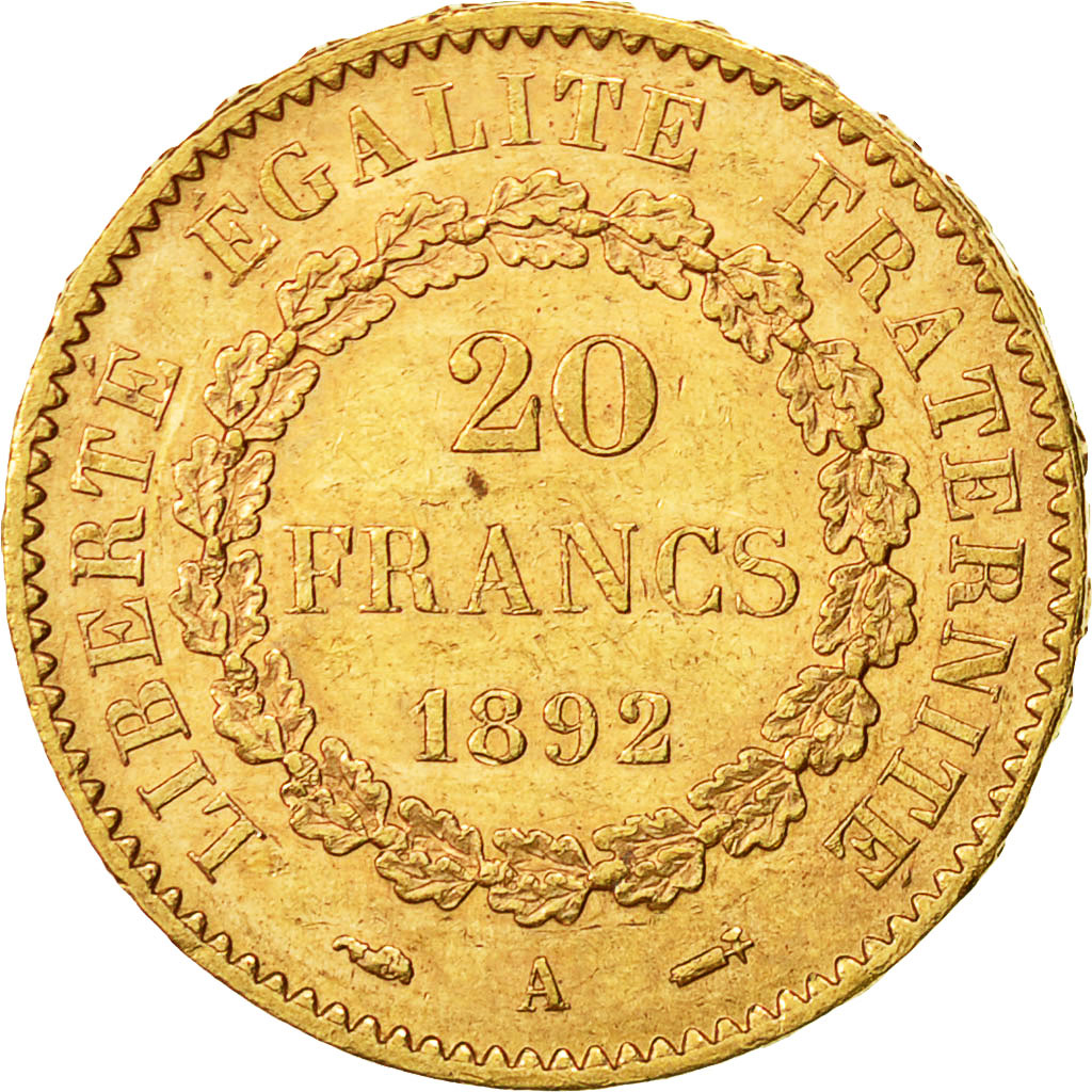 France, Génie, 20 Francs, 1892, Paris, AU(55-58), Gold, KM:825, Gadoury:1063