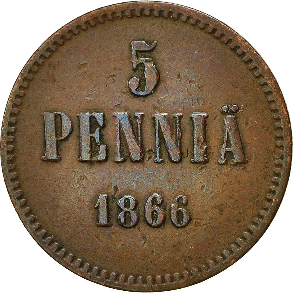 Moneta, Finlandia, Alexander II, 5 Pennia, 1866, BB+, Rame, KM:4.1