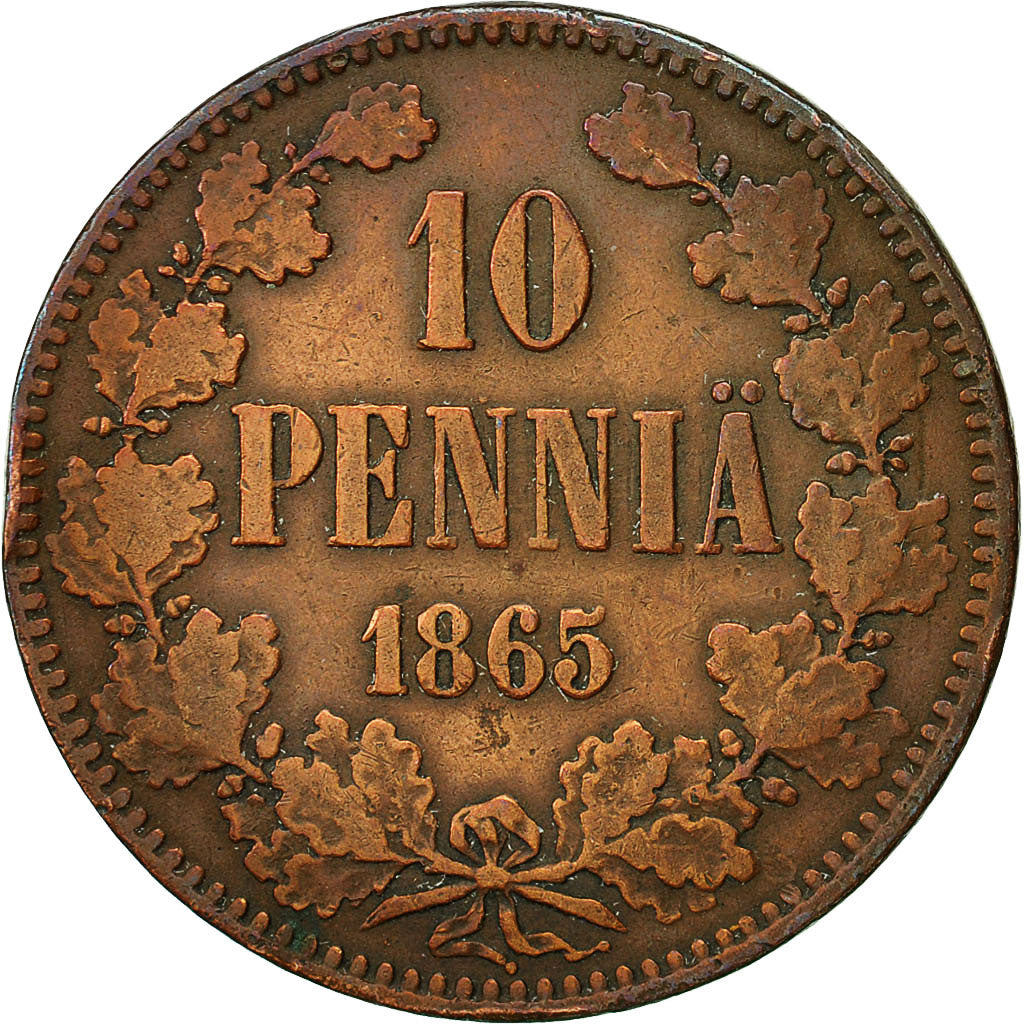 Coin, Finland, Alexander II, 10 Pennia, 1865, EF(40-45), Copper, KM:5.1