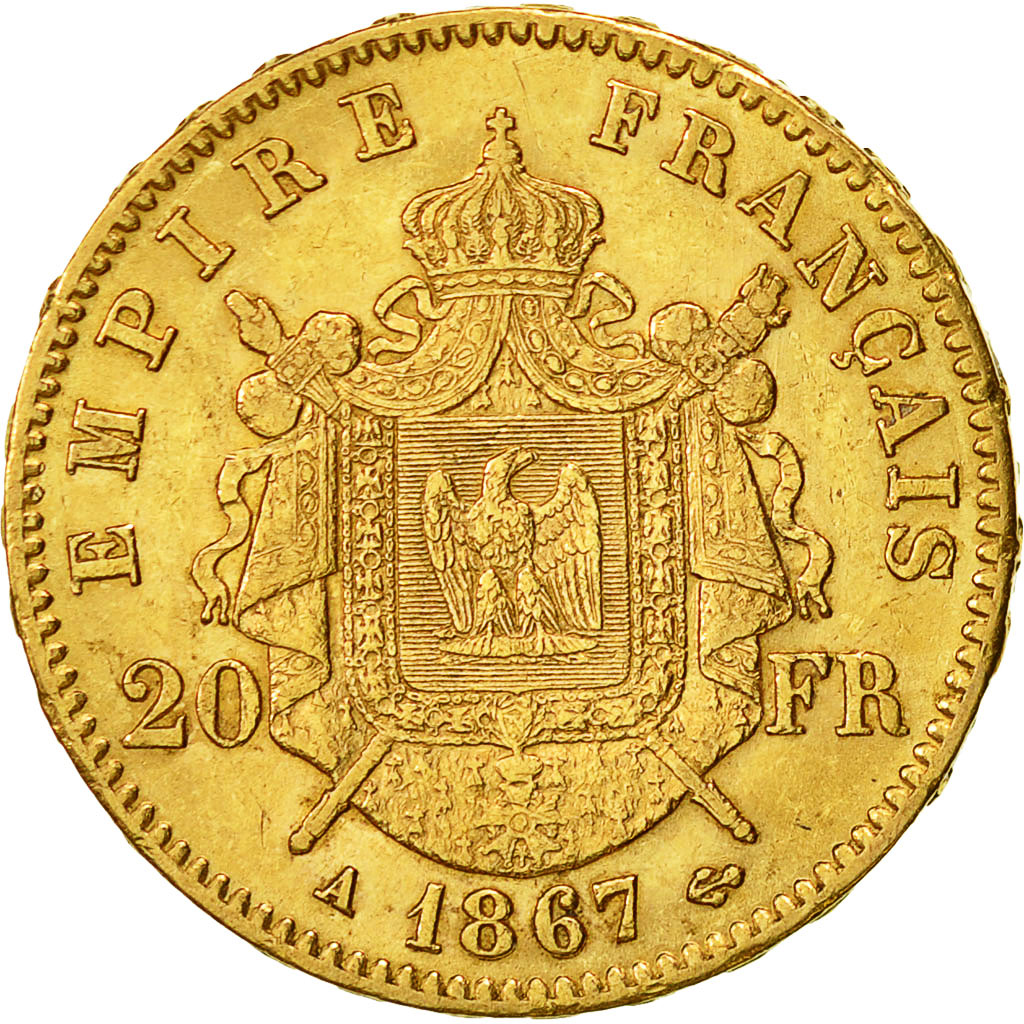 Coin, France, Napoleon III, Napoléon III, 20 Francs, 1867, Paris, AU(50-53)