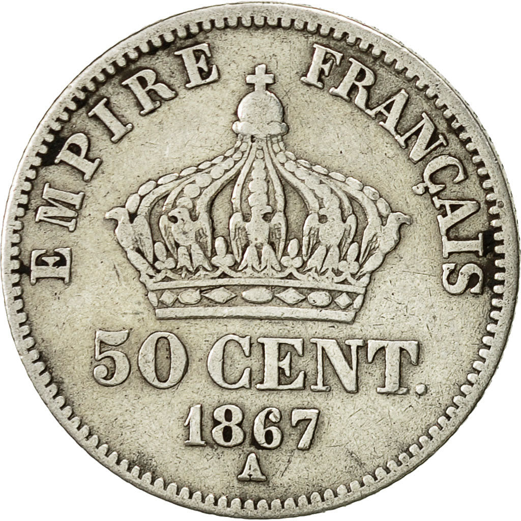 France, Napoleon III, 50 Centimes, 1867, Paris, VF(30-35), KM 814.1