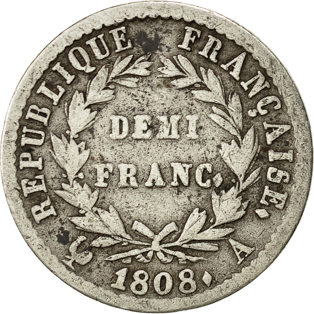 France, Napoléon I, 1/2 Franc, 1808, Paris, VF(20-25), Silver, KM:680.1