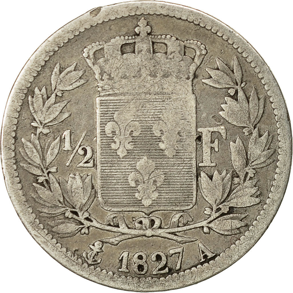 France, Charles X, 1/2 Franc, 1827, Paris, F(12-15), Silver, KM:723.1