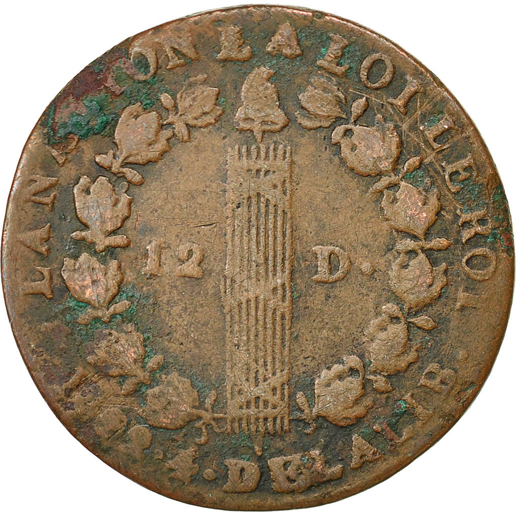 Moneda, Francia, 12 deniers françois, 12 Deniers, 1792, Lyons, BC+, Bronce