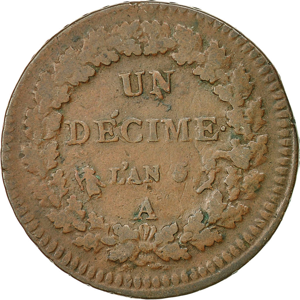 Moneta, Francia, Dupré, Decime, 1796, Paris, MB+, Bronzo, KM:644.1, Gadoury:185