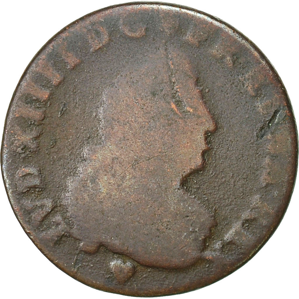 coin, France, Louis XIV, Deux deniers de Strasbourg,1708, F(12-15),KM 309